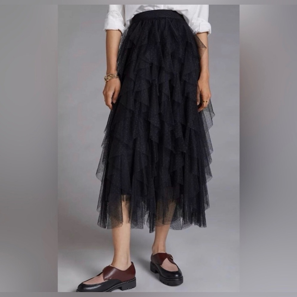 Anthropologie Chéri Ruffled Tulle Midi Skirt, black. 
Size Large